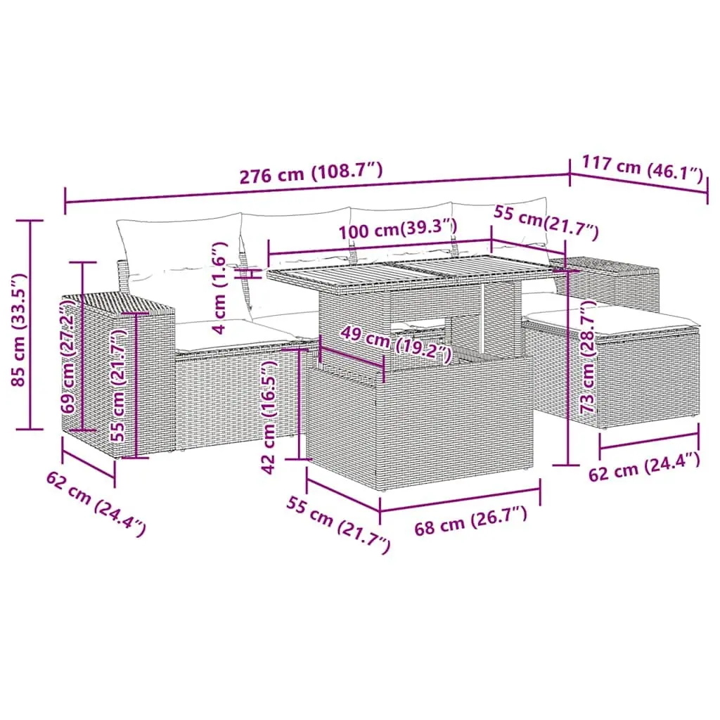 Garden Sofa Set Grey 6 Piece Outdoor Furniture Patio Modular PE Rattan with Storage Compartment Adjustable Tabletop