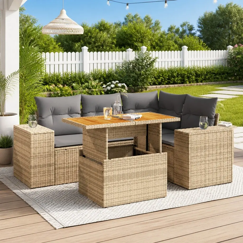 Garden Sofa Set Beige 5 Piece Modular Outdoor Furniture with Adjustable Table and Storage Compartment