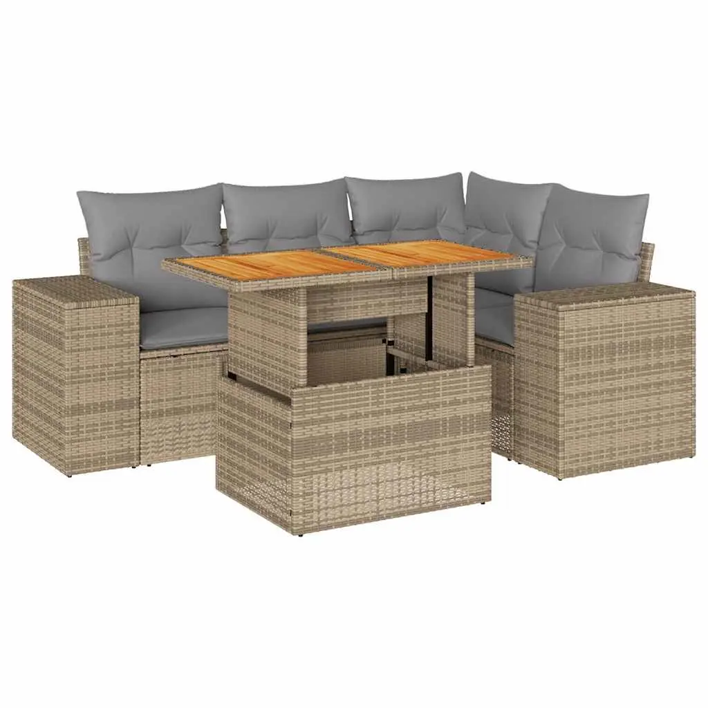 Garden Sofa Set Beige 5 Piece Modular Outdoor Furniture with Adjustable Table and Storage Compartment