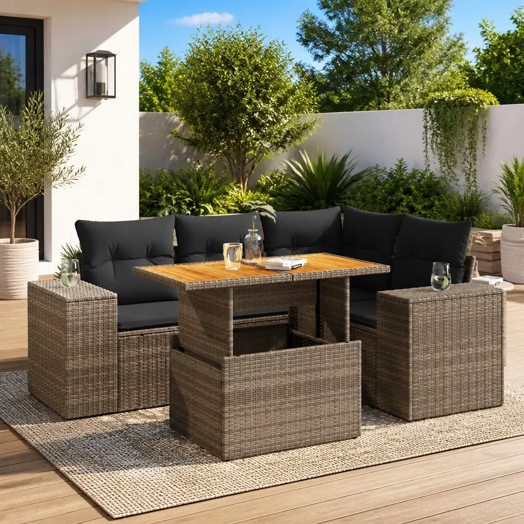 Garden Sofa Set Grey 5 Piece Outdoor Furniture Poly Rattan with Cushions