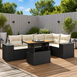 Garden Sofa Set 6 Piece Outdoor Furniture Black Poly Rattan Patio with Cushions