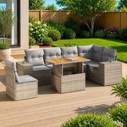 Outdoor Garden Sofa Set 7 Piece Beige Poly Rattan Patio Furniture with Cushions