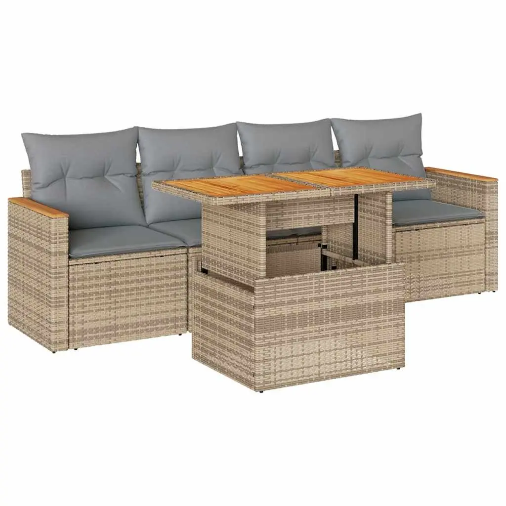 Garden Sofa Set Beige 5 Piece Modular Outdoor Furniture Weather-Resistant PE Rattan