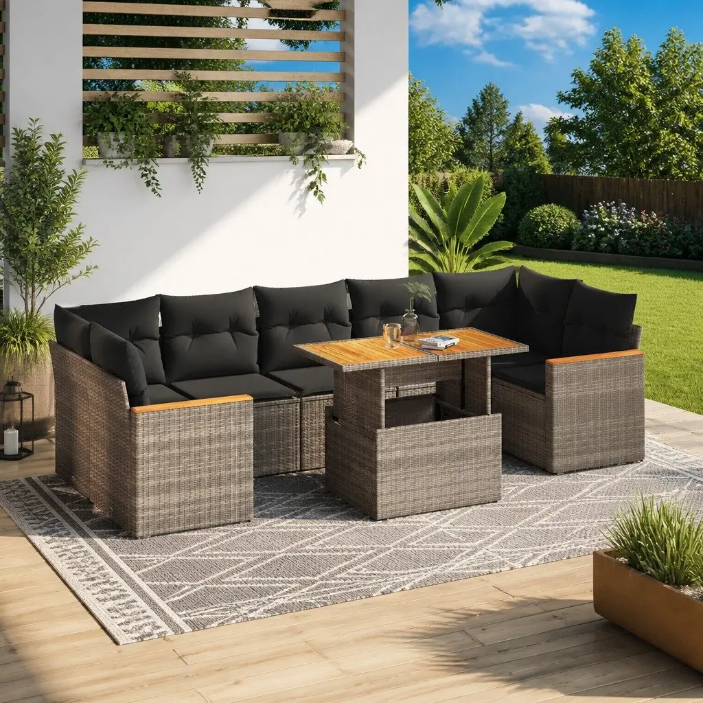 7 Piece Garden Sofa Set Grey PE Rattan Outdoor Furniture with Storage Cushions