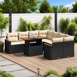 Garden Sofa Set 9 Piece Outdoor Furniture with Cushions Black Rattan Modular