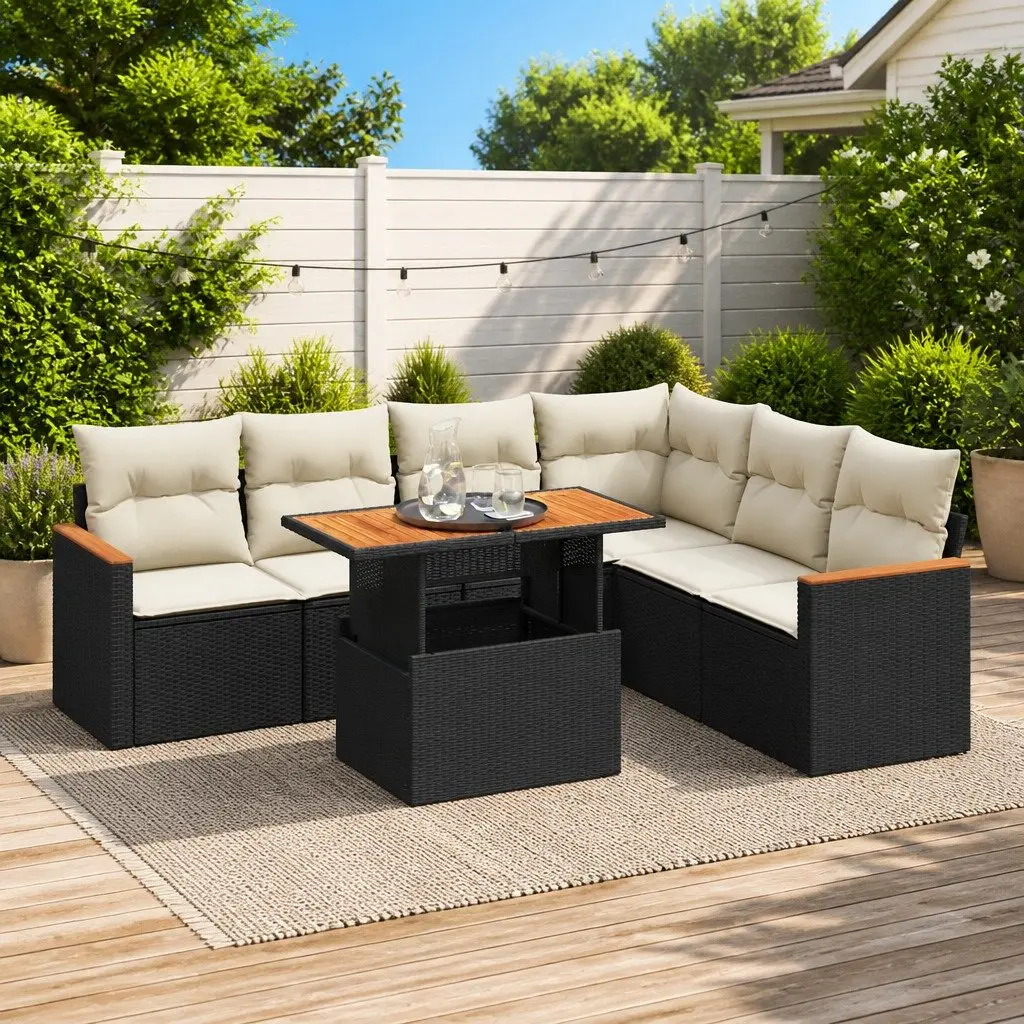 7 Piece Black Outdoor Sofa Set with Cushions and Storage