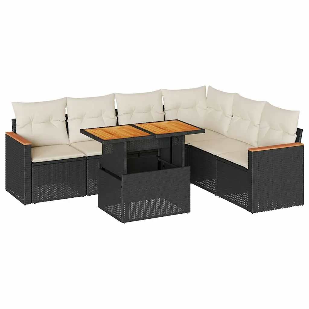 7 Piece Black Outdoor Sofa Set with Cushions and Storage