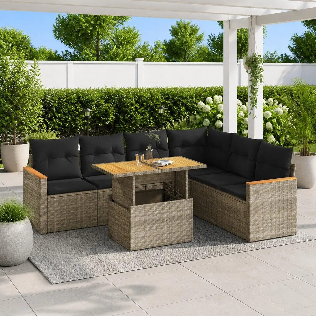 Modular Outdoor Furniture Grey 7 Piece Sofa Set with Storage and Removable Cushions Poly Rattan