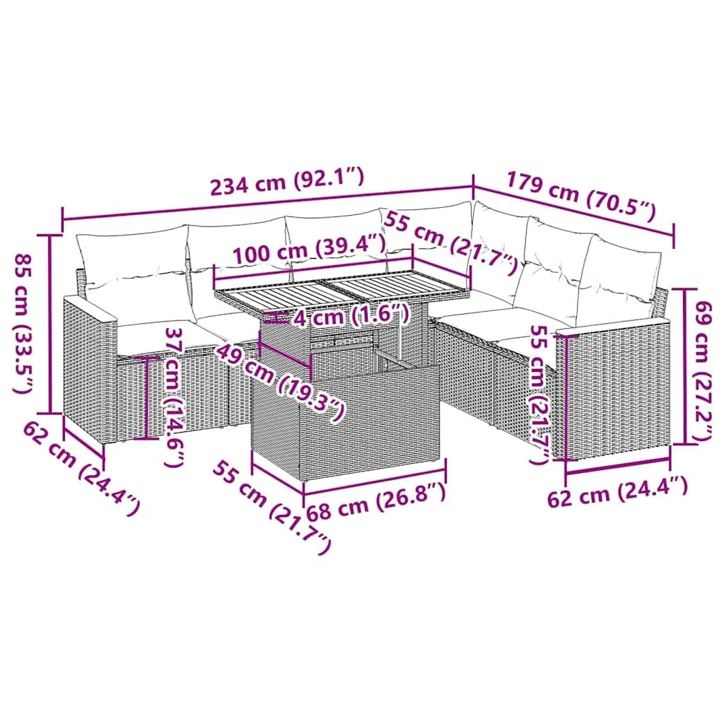 Modular Outdoor Furniture Grey 7 Piece Sofa Set with Storage and Removable Cushions Poly Rattan