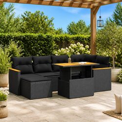 7 Piece Outdoor Garden Sofa Set with Cushions Black Poly Rattan Modular Patio