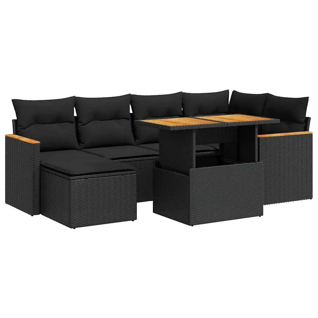 7 Piece Modular Outdoor Garden Sofa Set Black with Cushions Weather Resistant Poly Rattan
