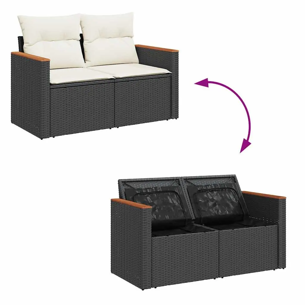 7 Piece Modular Outdoor Sofa Set Black Poly Rattan with Water Resistant Storage Cushions for Patio