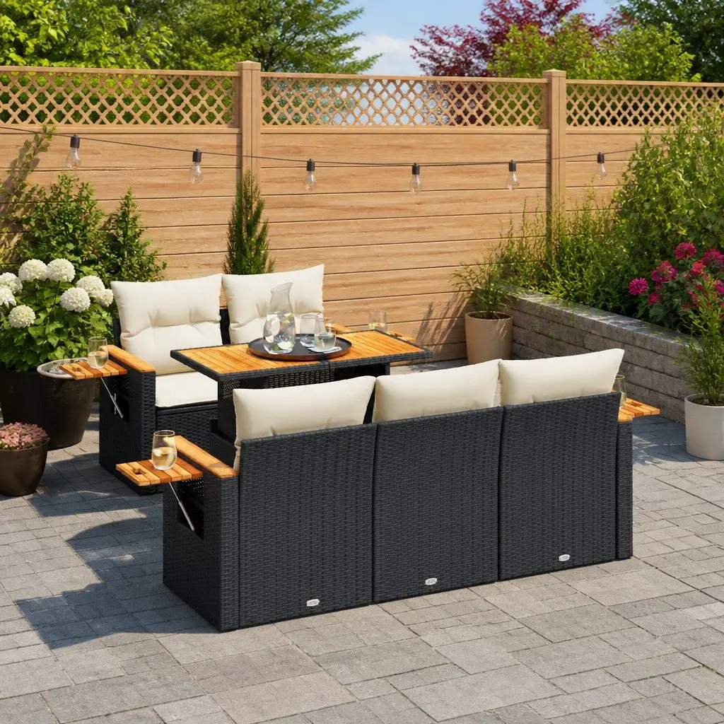 Garden Sofa Set 6 Piece Outdoor Furniture Black Poly Rattan Modular Patio