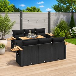 7 Piece Outdoor Garden Sofa Set with Cushions Black Poly Rattan Acacia Wood