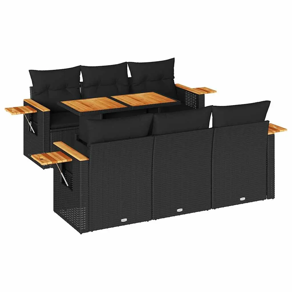 7 Piece Outdoor Garden Sofa Set with Cushions Black Poly Rattan Acacia Wood