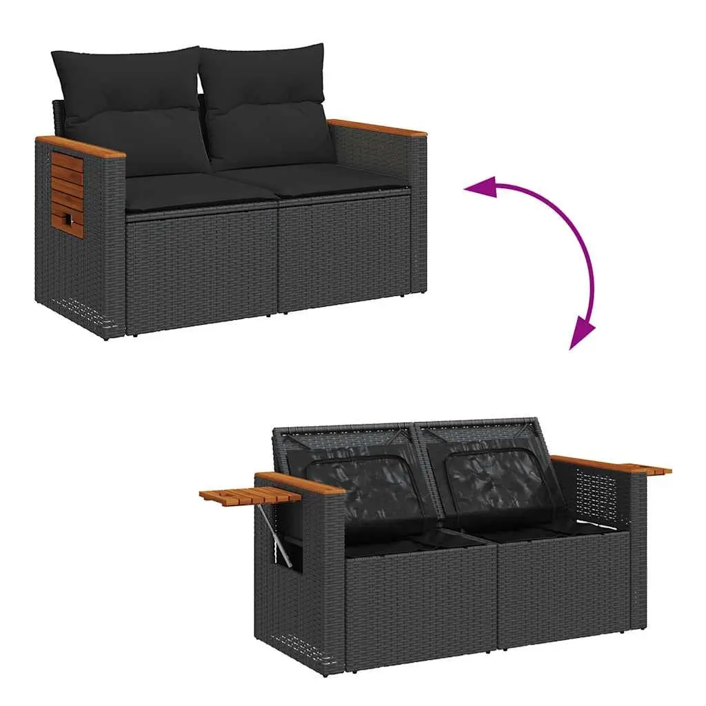 7 Piece Outdoor Garden Sofa Set with Cushions Black Poly Rattan Acacia Wood