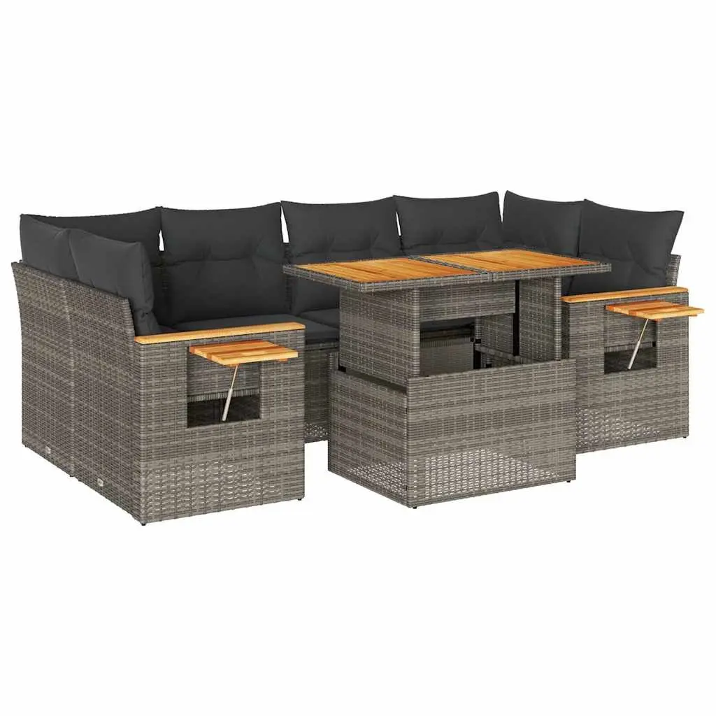Grey Poly Rattan Outdoor 7 Piece Garden Sofa Set with Cushions and Foldable Side Table Featuring Under Seat Storage
