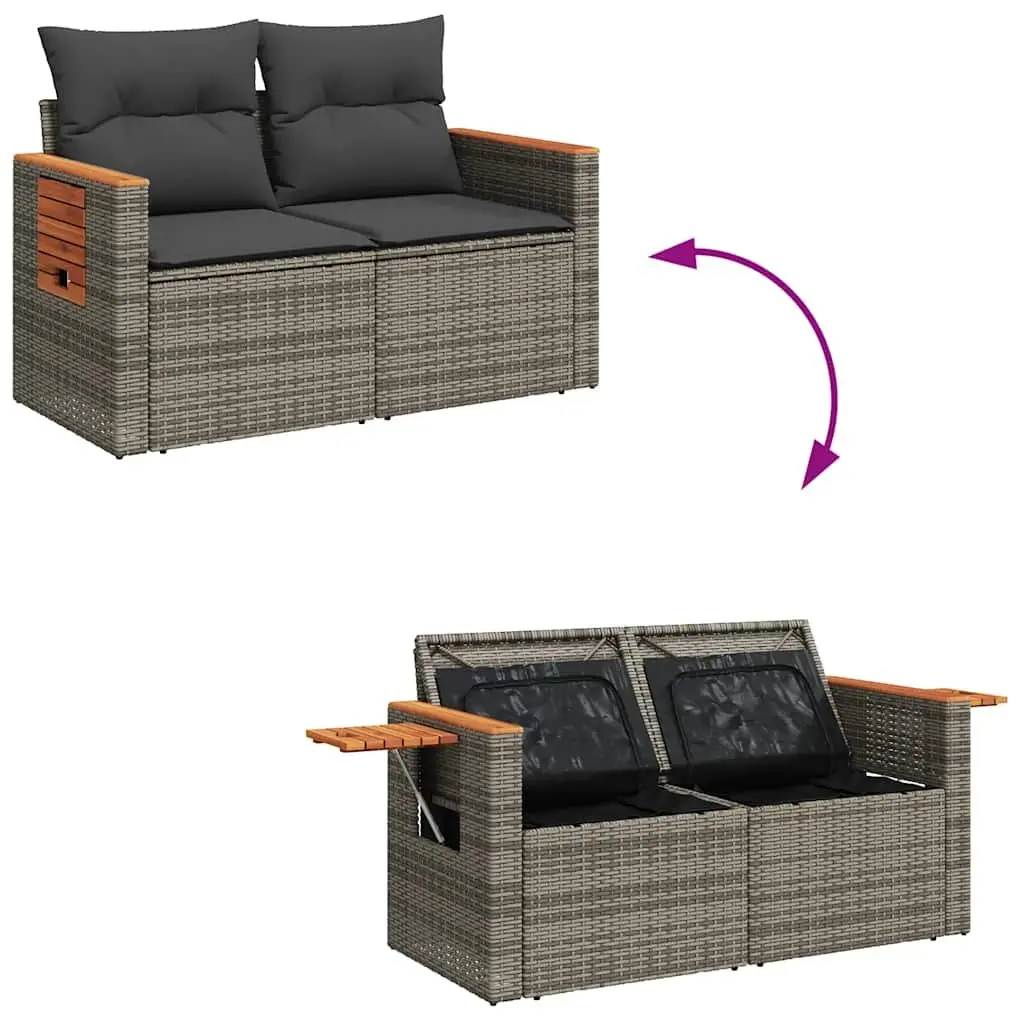 Grey Poly Rattan Outdoor 7 Piece Garden Sofa Set with Cushions and Foldable Side Table Featuring Under Seat Storage