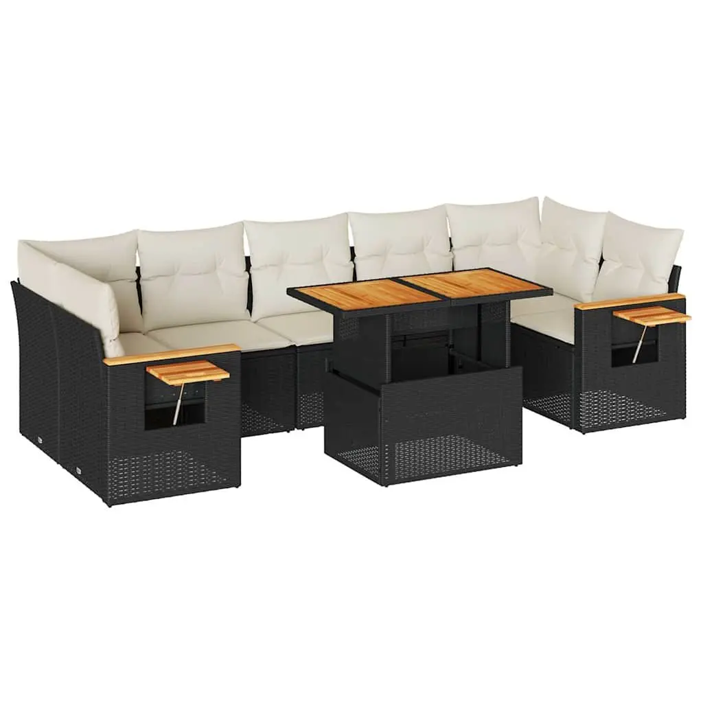 8 Piece Modular Outdoor Sofa Set Black Poly Rattan with Cushions and Foldable Side Table Weather Resistant Storage Bags