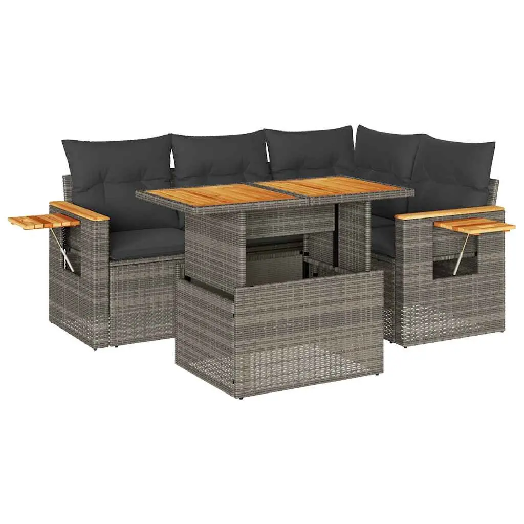 4 Piece Outdoor Sofa Set Grey Modular Poly Rattan Furniture with Removable Cushions and Foldable Storage Table