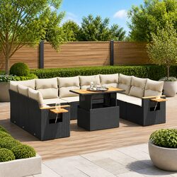 10-Piece Black Poly Rattan Sofa Set