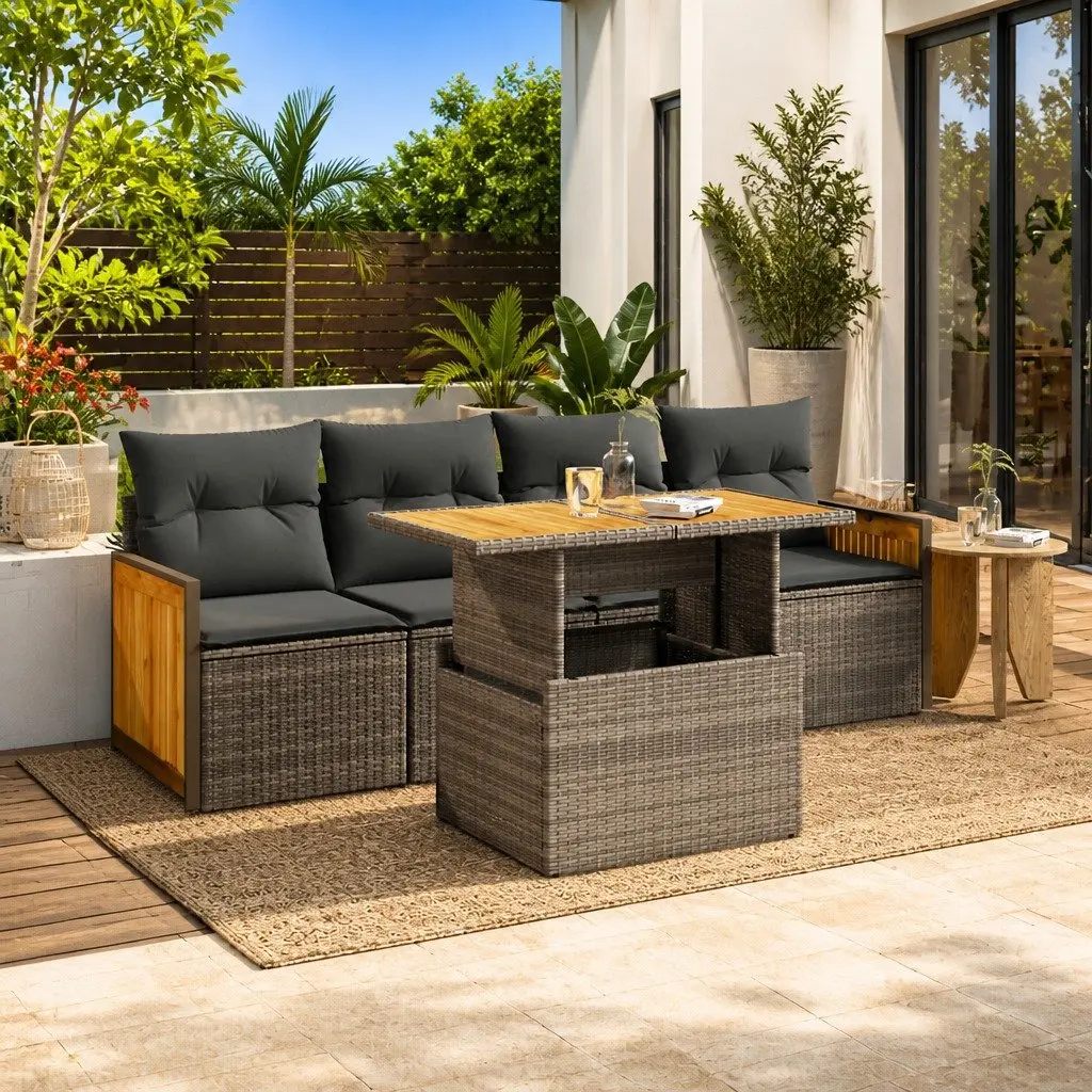 5 Piece Outdoor Sofa Set Grey Rattan Garden Furniture with Cushions and Storage Bags