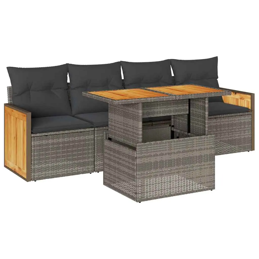 5 Piece Outdoor Sofa Set Grey Rattan Garden Furniture with Cushions and Storage Bags