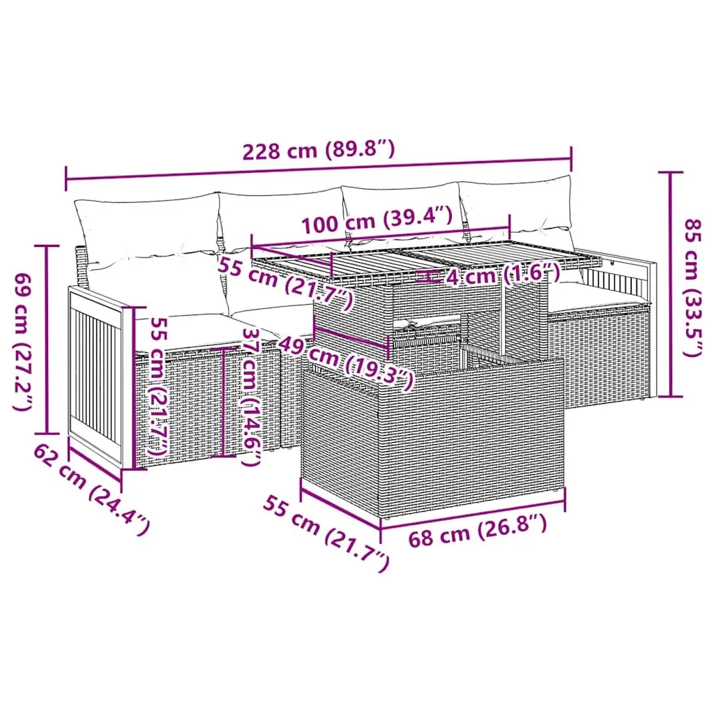5 Piece Outdoor Sofa Set Grey Rattan Garden Furniture with Cushions and Storage Bags