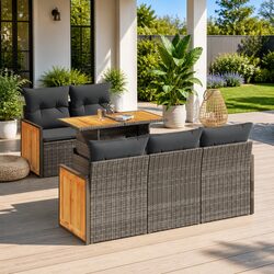 Garden Sofa Set 6 Piece Grey Poly Rattan Outdoor Furniture with Cushions Storage