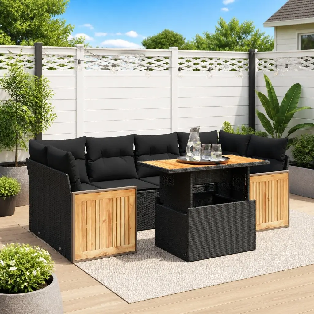 7-Piece Outdoor Sofa Set in Black Rattan