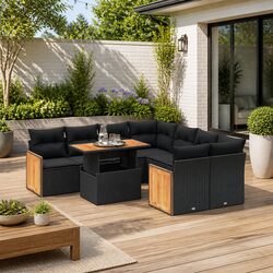 Garden Sofa Set 9 Piece Outdoor Furniture Patio Black Poly Rattan with Cushions