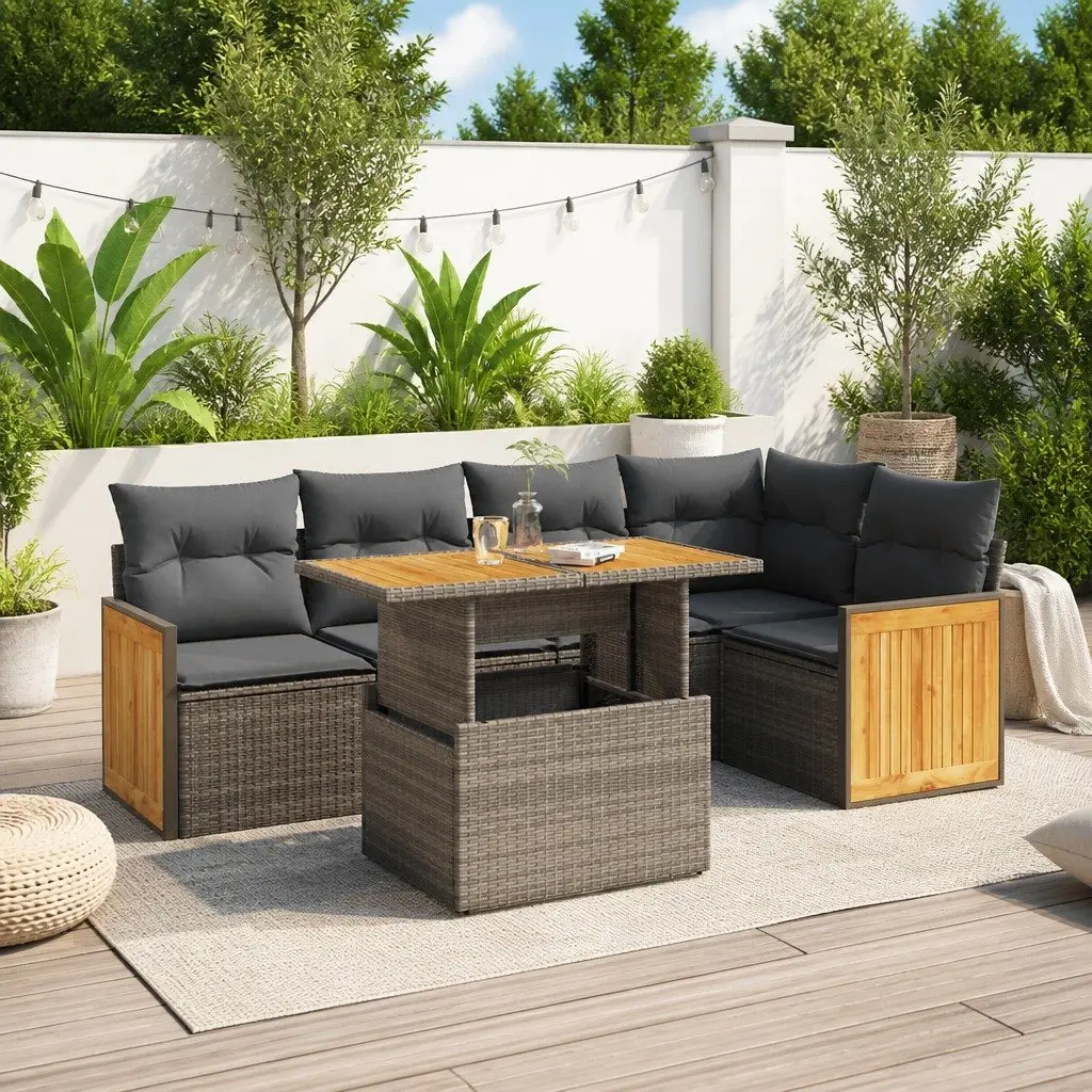 6 Piece Outdoor Garden Sofa Set Grey Poly Rattan Patio Furniture with Cushions