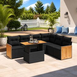 7 Piece Garden Sofa Set with Cushions Black Poly Rattan Outdoor Patio Furniture