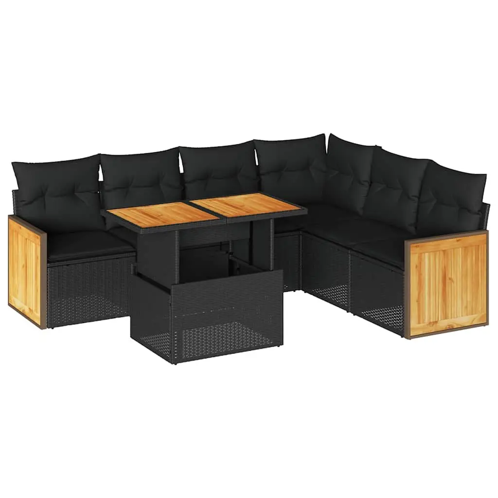 7 Piece Garden Sofa Set with Cushions Black Poly Rattan Outdoor Patio Furniture