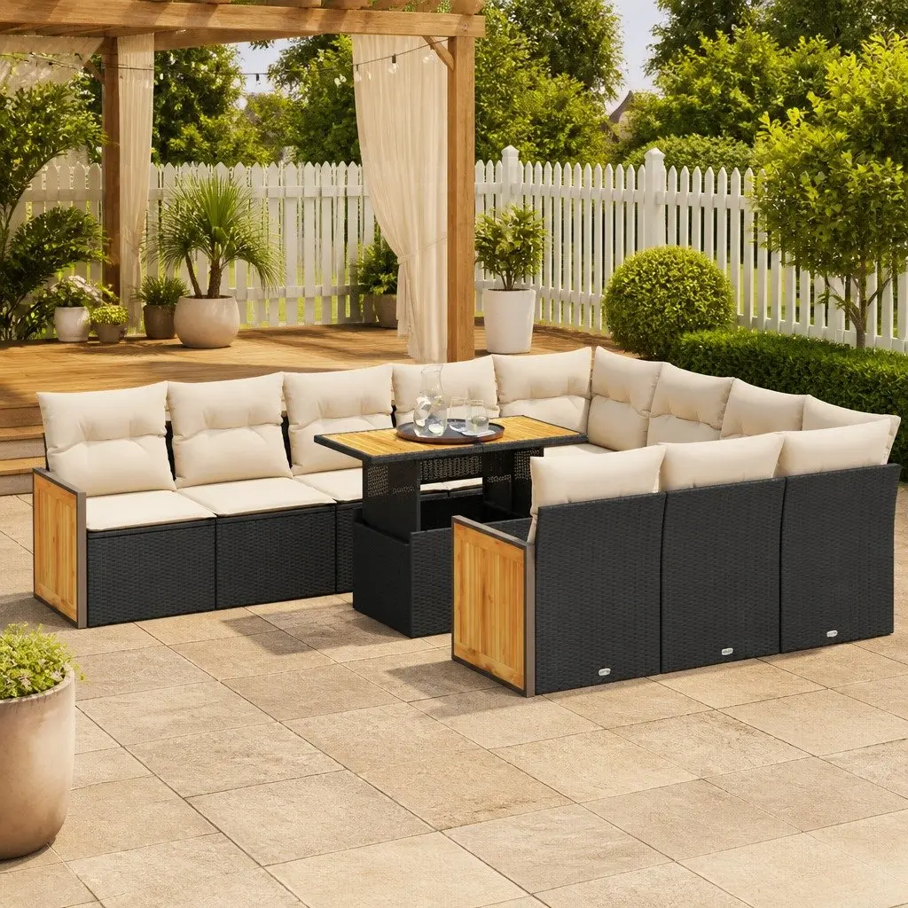 Garden Sofa Set 11 Piece Outdoor Furniture Black Poly Rattan with Cushions