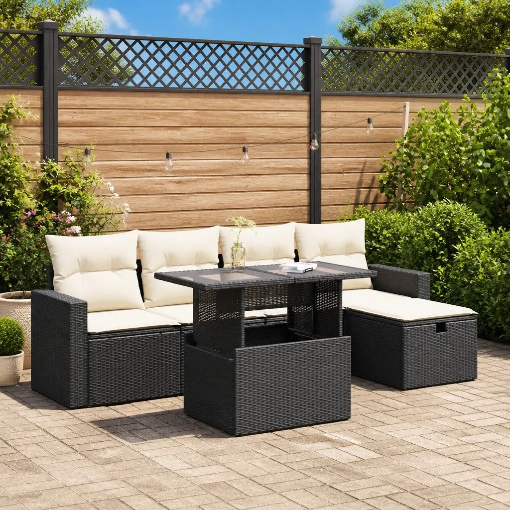 Garden Sofa Set 6 Piece Outdoor Furniture Black Poly Rattan with Storage