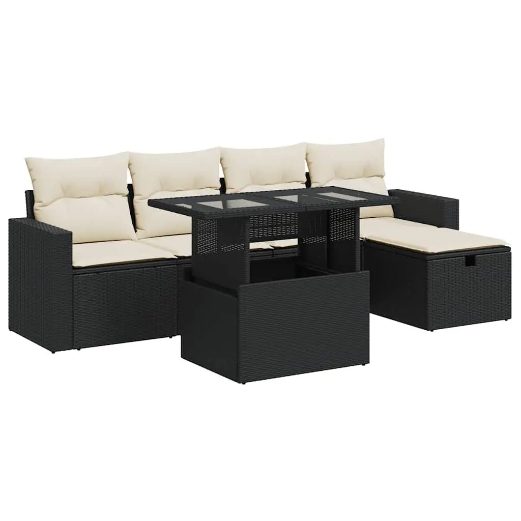 Garden Sofa Set 6 Piece Outdoor Furniture Black Poly Rattan with Storage