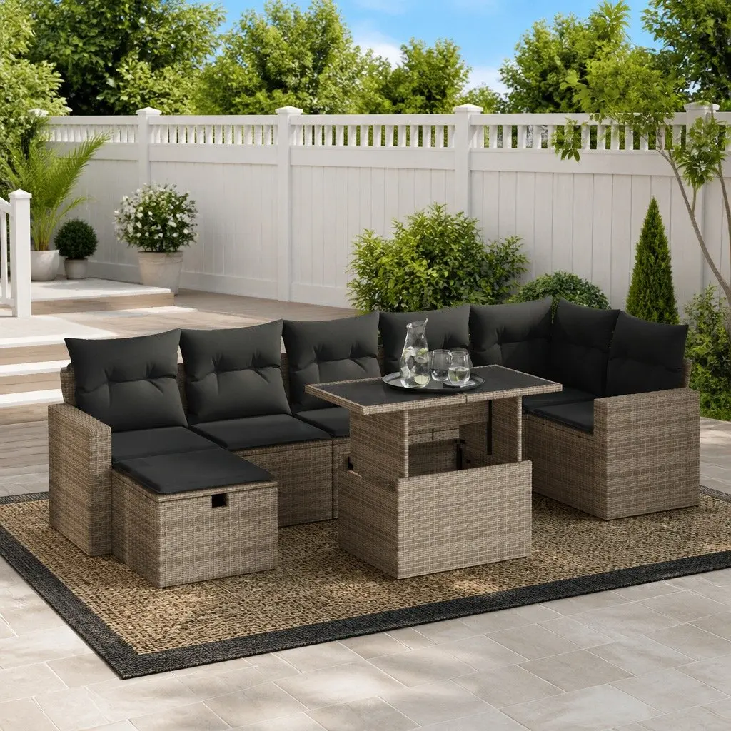 Garden Sofa Set Grey 8 Piece Modular Outdoor Furniture PE Rattan with Cushions