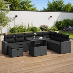 Garden Sofa Set 9 Piece Outdoor Furniture Black Poly Rattan Patio Lounge with