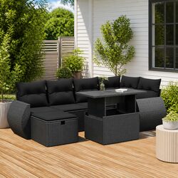 7 Piece Black Poly Rattan Sofa Set - Minimalist Charm