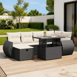 Garden Sofa Set 7 Piece Outdoor Furniture Black Poly Rattan Patio Seating with