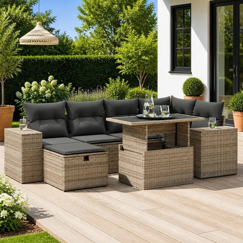 Garden Sofa Set Grey 8 Piece Outdoor Furniture Poly Rattan Cushions