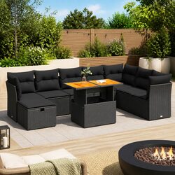 Garden Sofa Set 9 Piece Outdoor Furniture Black Poly Rattan Patio Seating with