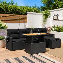 Garden Sofa Set 6 Piece Outdoor Furniture Black Poly Rattan with Cushions