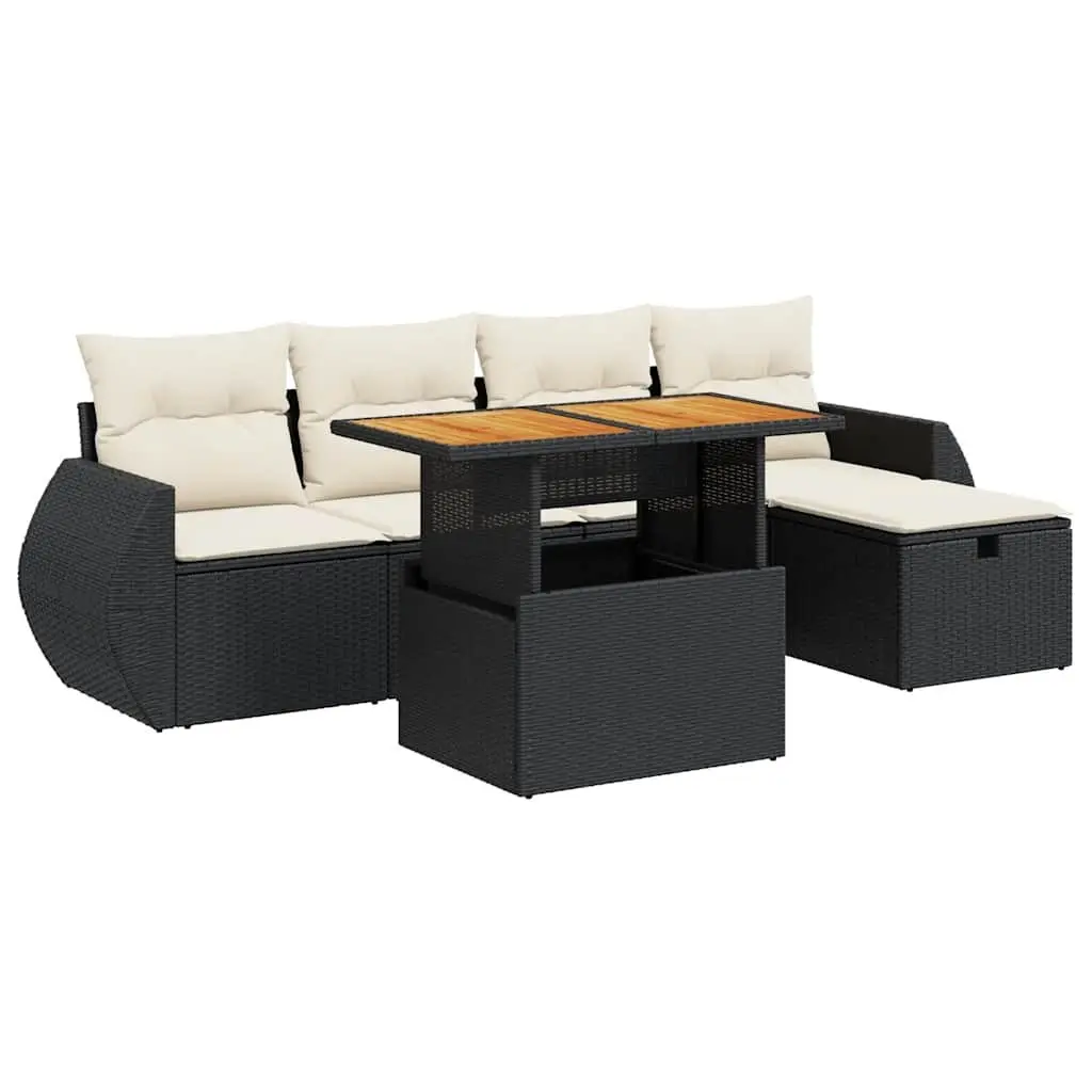 Garden Sofa Set Black 6 Piece Outdoor Furniture Poly Rattan with Cushions