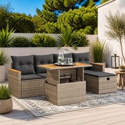 Garden Sofa Set 6 Piece Outdoor Furniture Grey Poly Rattan with Cushions Storage
