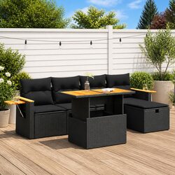 6 Piece Outdoor Garden Sofa Set with Storage Cushions Black Poly Rattan Patio
