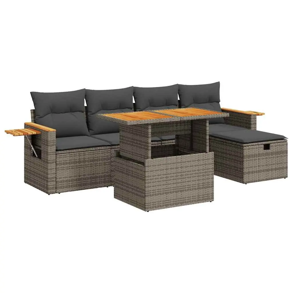 Garden Sofa Set 6 Piece Outdoor Furniture Grey Poly Rattan Patio Sectional with