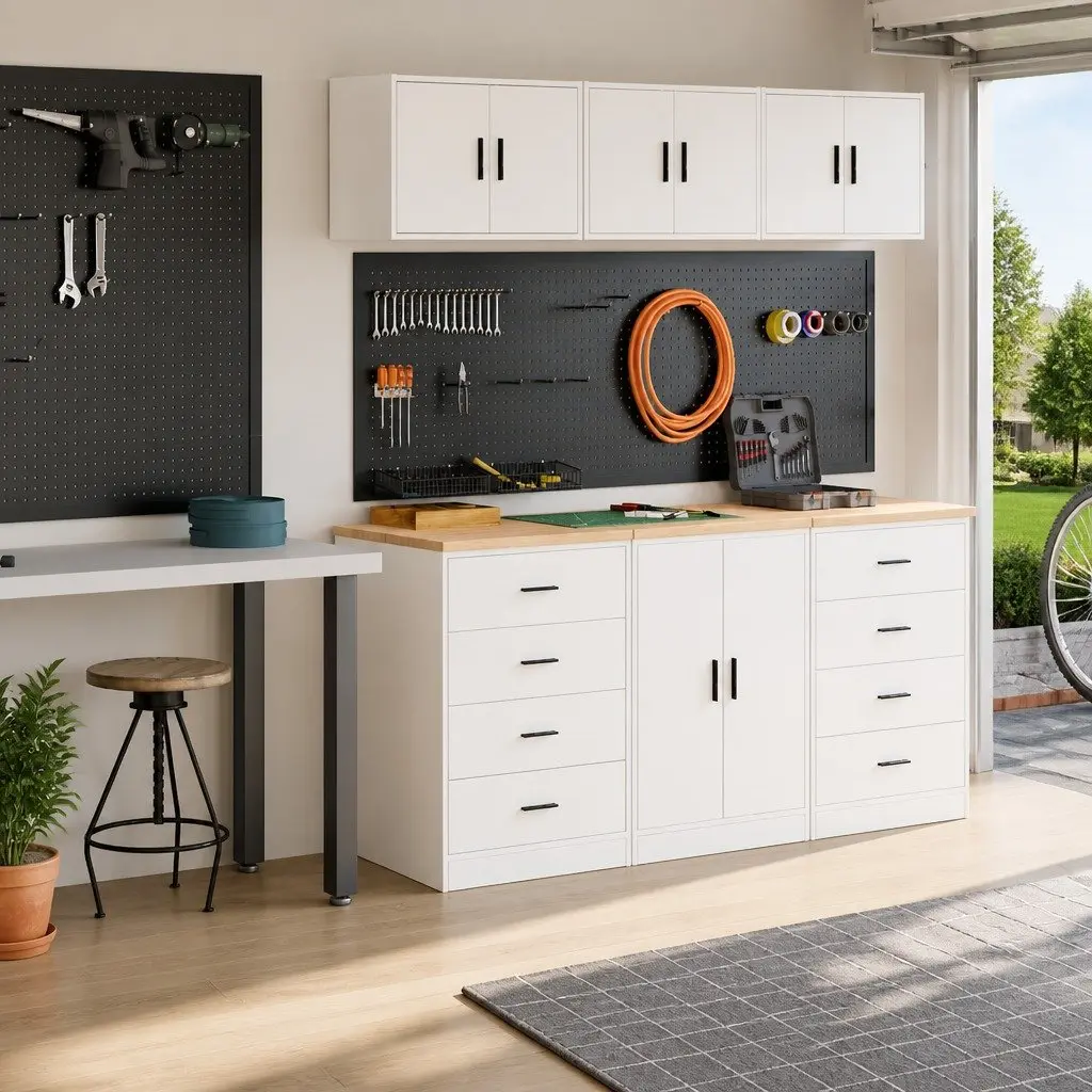 Garage Storage Cabinets White 2pc Engineered Wood Heavy-Duty Tool Organiser with Solid Work Surface