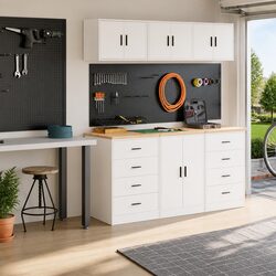 Compact 2pc White Garage Cabinets for Organizing Tools